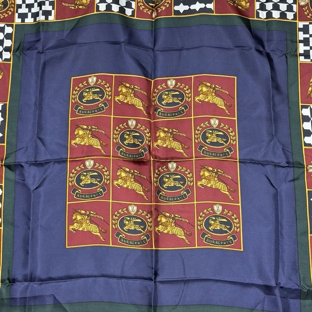 Vintage 80s 90s Burberrys Silk Twill Square Scarf Blue Red Equestrian Logo Italy